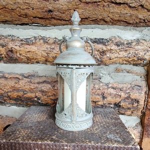 Vintage Distressed Glass & Metal Lantern w/Candle
